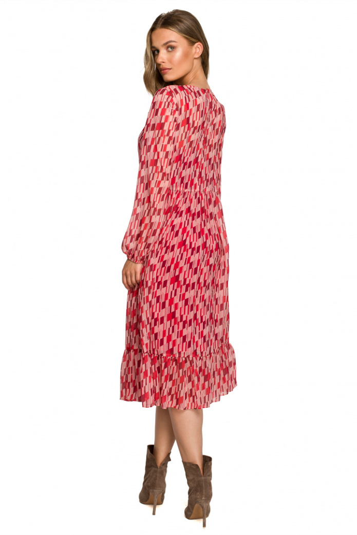Sukienka szyfonowa midi z nadrukiem falbanką i długim rękawem m1